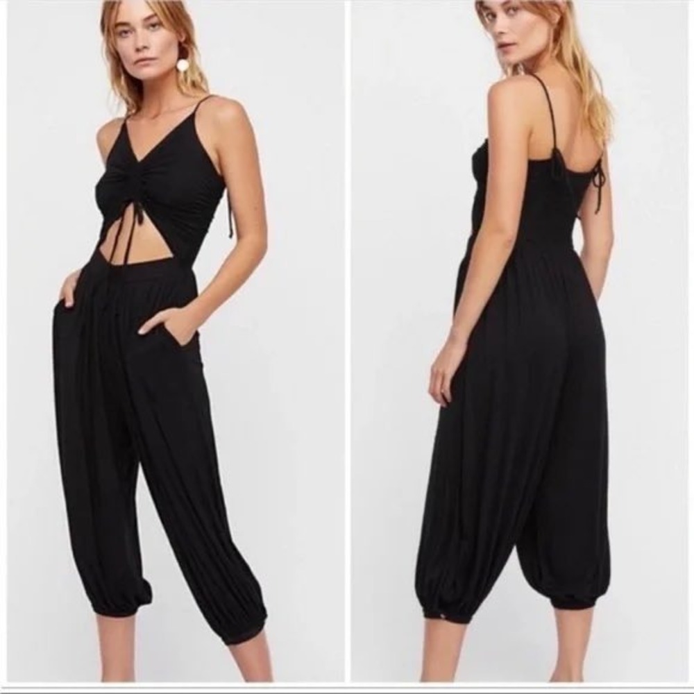Free People Beach Jumpsuit Medium Black Weekend Chill Out Cutout Ruched Boho NWT